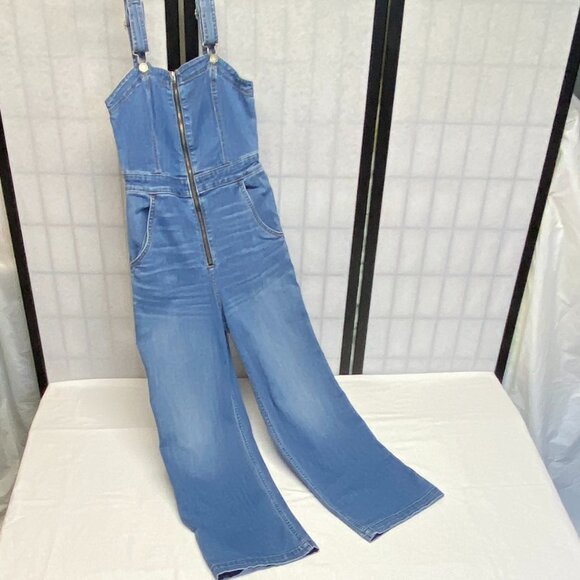 Hollister Strappy Denim Jumpsuit Wide Leg Zip Front Fitted S Faded Jean Overalls - Picture 6 of 12